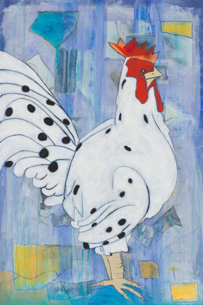 Bold painting of a rooster called Bruce